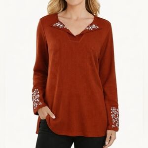 SOFT SURROUNDINGS Rust Bejeweled Long Sleeve Waffle Tunic Blouse